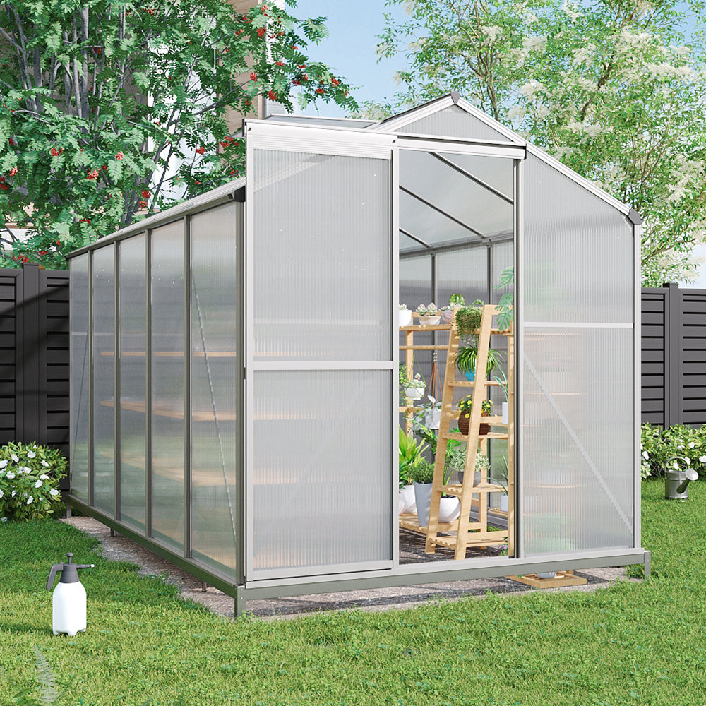 10x6ft Aluminium Greenhouse with Base and Window Vent – Durable Polycarbonate Panel Greenhouse for Garden Use